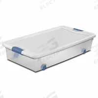 STERILITE Storage Tote: 14 gal, 33 7/8 in x 18 3/4 in x 7 in, Clear Body, White Lid, 10 to 20 gal (MPN 14988004). Key specifications — attr1188666: Plastic; attr1188675: Clear; attr1188676: White; attr1188687: STERILITE.