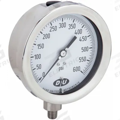 DURO Industrial Pressure Gauge: 0 psi to 600 psi, White, 4 1/2 in Dial, 1/4 in NPT Male - All-Stainless Steel Wetted Parts & Casing