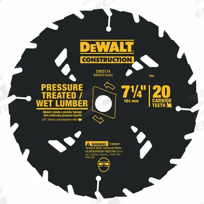 DEWALT Circular Saw Blade: 7 1/4 in Blade Dia., 20 Teeth, 0.07 in Cut Wd, 5/8 in Arbor Size - Nail-Embedded Wood-Cutting Blades
