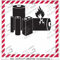 LABELMASTER DOT Container Label: Lithium Battery Handling Marking, 3 15/16 in x 3 15/16 in, 500 PK (MPN LB335). Key specifications — Message: Lithium Battery Handling Marking; Background Color: Red; Brand: LABELMASTER.