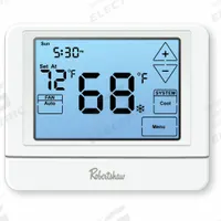 ROBERTSHAW Digital Wall Thermostat: Heat or Cool, Auto, B/C/G/O/RC/RH/W/Terminal Designations, 1H/1C (MPN RS9110T). Key specifications — Application: Heat or Cool; Stages: 1H/1C; Programming Capability: Not Programmable; Shape: Square; Terminal Designations: W; Temperature Control Range: 41° to 90°F; Changeover Type: Automatic; Brand: ROBERTSHAW.