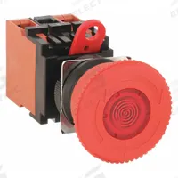 OMRON Emergency Stop Push Button: Illuminated, Mushroom Head Profile, Non-Metallic, 22 mm, 1NO/2NC (MPN A22ELM24A02). Key specifications — Brand: OMRON; Action: Maintained; Series: A22E; Push Button Material Type: Non-Metallic.