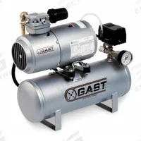 GAST Electric Air Compressor: 0.17 hp, 1 Stage, Hot Dog, 2 gal, 0.9 cfm, 50 psi, 120V AC, Oil-Less (MPN 1LAA-251T-M100X). Key specifications — attr48430: GAST; attr48445: 60 Hz; attr48448: Pressure Switch; attr48450: 120V AC; attr48474: Single; attr48487: Horizontal.
