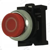 EATON Extended Push Button: Red, 22 mm Mounting Size, Metallic, Momentary (MPN M22M-DH-R-XO). Key specifications — Brand: EATON; Action: Momentary; Legend: O; Series: M22; Push Button Material Type: Metallic.