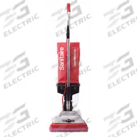 SANITAIRE Upright Vacuum Cleaner: 12 in Cleaning Path Wd, 145 cfm Air Flow, 18.5 lb Wt, Std, Bagless (MPN SC887E). Key specifications — Color: Red; Vacuum Motor Type: Brushed; Includes Onboard Hose: Onboard Hose Not Included; Head Height Adjustment: 6-Position; Brand: SANITAIRE; Includes: Removable Fan Chamber and Furnitrue Guard; Independent Brush Motor: No; Broad Combined Bag/Bagless & HEPA: Standard Bagless Vacuum.