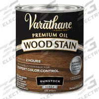 VARATHANE Wood Stain: Wood Stain, Interior, Oil, 1 qt Container Size, Wood, Satin, Gunstock, Premium (MPN 211728H). Key specifications — Brand: VARATHANE; Transparency: Semi-Transparent; Use Location: Interior; Sheen: Satin; Sub-Brand: Varathane; Color: Gunstock.