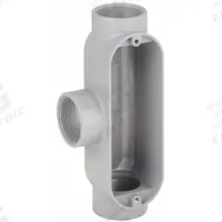 Conduit Outlet Body: Aluminum, 1 1/2 in Trade Size, T Body, 30.8 cu in Body Capacity, Threaded Hub (MPN T150). Key specifications — Finish: Powder Coated; For Use With: RMC; Brand: RACO; Hub Style: Threaded.