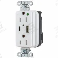 USB Receptacle: Duplex, 5-15R, 2 USB Ports, USB Type A/C, White, 125V AC, 15 A (MPN SNAP8200UACW). Key specifications — Brand: HUBBELL.