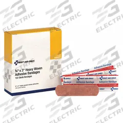 FIRST AID ONLY Adhesive Bandage: Strip Bandages, 3/4 in Wd, 3 in Lg, Not Metal Detectable, Fabric (MPN H119). Key specifications — Product Type: Strip Bandages; Unitized: Unitized; Water Resistance: Not Water Resistant; Brand: FIRST AID ONLY; Latex Content: Latex Free; Metal Detectable: Not Metal Detectable; Package Type: Box; Manufacturer Part Number: H119.