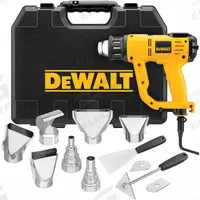 DEWALT Heat Gun Kit: Pistol-Grip, Surface Temp Control, 120V AC, Two-Prong, LCD Display (MPN D26960K). Key specifications — attr1324916: (1) Bare Tool, (2) Nozzles, (10) Other Common Accessories; attr1257106: Two-Prong; attr1257126: Yes; attr1257132: DEWALT; attr1257155: 115V AC.
