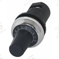 EATON Potentiometer: 22 mm Panel Mounting Size, 100,000 ohm Max Resist Rating, Series M22 (MPN M22-R100K-RH). Key specifications — Manufacturer Part Number: M22-R100K-RH; Series: M22; Brand: EATON; Includes Dial Plate: Dial Plate Included; Knob Style: Oversized; Bezel Style: Non-Metallic (Silver).