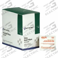 FIRST AID ONLY Bite/Sting Relief: Ethyl Alcohol/Lidocaine HCl, Wipes, Packets, 100 ct Size, 100 PK (MPN 19-200). Key specifications — Purpose: Insect Bites; Unit Package Type: Packets; Unitized: Unitized; Concentration: Lidocaine HCl 2%; Manufacturer Part Number: 19-200; Alcohol Content: Contains Alcohol; Active Ingredient: Lidocaine HCl; Brand: FIRST AID ONLY.