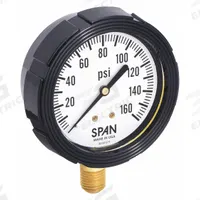 SPAN Pressure Gauge with Internal Seal: 0 psi to 160 psi, LFS-210, 2 1/2 in Dial, Buna-N, Brass, 4 (MPN LFS-210-160-G-KEMX). Key specifications — Brand: SPAN; Gauge Case Liquid: Glycerin; Seal Fill Liquid: Instrument Oil; Seal Lower Housing Material: Brass; Accuracy: ±1.00%; Gauge Wetted Parts: Brass / Copper.