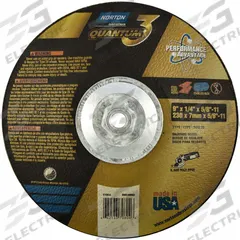 NORTON Depressed Center Wheel: Type 28, 9" x 1/4" x 5/8"-11, Ceramic, 20 Grit, Quantum 3 SG (MPN 66253370804). Key specifications — Series: Quantum 3 SG; Brand: NORTON.