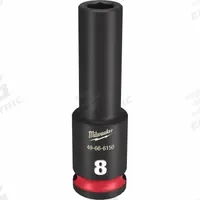 MILWAUKEE Deep Impact Socket: 3/8 in Drive Size, Metric, 8 mm Socket Size, 6-Point, Deep, Friction (MPN 49-66-6150). Key specifications — attr1215501: MILWAUKEE; attr1215515: Black Phosphate; attr1215518: 8 mm.