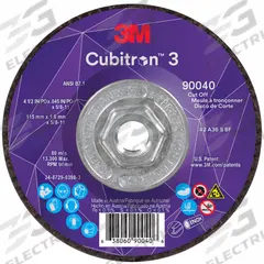 3M CUBITRON 3 Cut-Off Wheel: Type 27, 4 1/2" x 0.045" x 5/8"-11, Ceramic, 36 Grit (MPN 90040). Key specifications — Brand: 3M CUBITRON 3.