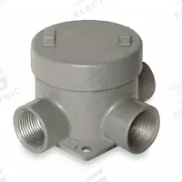Conduit Outlet Body: Aluminum, GE, 3/4 in_1 1/2 in Trade Size, T Body, 29 cu in Body Capacity (MPN GEBT-25). Key specifications — Series: For Standard Body; Compatible Conduit Trade Size: 3/4 in; Thread Gender: Female; Hub Style: Threaded; Cover Included: Yes; Body Style: T; Connection Type: Threaded; Back Type: Flat.