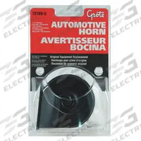 GROTE Electric Horn: 12V DC, High Tone, Electric, Black, Enamel, 125 dB Sound Level - Max, 1 Horns (MPN 72100-5). Key specifications — Type: High Tone; Brand: GROTE; Compatible Vehicle Type: Trucks; Finish: Enamel; Includes: Mounting Bracket; Color: Black.