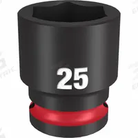 MILWAUKEE Standard Impact Socket: 1/2 in Drive Size, Metric, 25 mm Socket Size, 6-Point, Std (MPN 49-66-6257). Key specifications — attr1215501: MILWAUKEE; attr1215515: Black Phosphate; attr1215518: 25 mm.