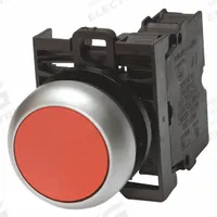 EATON Illuminated Push Button: Illuminated, Flush Profile, Non-Metallic, 22 mm, 1NO/1NC (MPN M22-DL-R-K11-230R). Key specifications — Brand: EATON; Action: Momentary; Series: M22; Push Button Material Type: Non-Metallic.