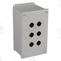 WIEGMANN Push Button Enclosure: 22mm, 6 Holes, Carbon Steel, NEMA 12 (MPN PBGX6). Key specifications — Brand: WIEGMANN; Environments & Applications: Indoor Dust & Water Droplets.