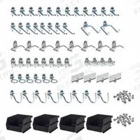 TRITON PRODUCTS Hooks and Hanging Bins: 1/4 in_1/8 in Peg Hole, For 1 in Pegboard Hole Spacing (MPN 76964). Key specifications — Finish: Zinc-Plated; Color: Silver; For Tool Type: Multiple; Includes: (12) 1 in Single Rod 30 Degrees Bends, (2) 2-3/4 in Double Rod 80 Degrees Bends, (4) Bin Clips, (4) Standard Spring Clips, (8) 2-1/2 in Single Rod 30 Degrees Bends, (8) Extended Spring Clips, (8) Pliers/Wrench Holders; Locking System: Screw-In; Mounting Type: Surface; Material: Steel; Accessory Type: Hook and Bin Assortment Kit.