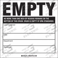 BRADY DOT Handling Label: 6 in x 6 in, 6 in Label Ht, 6 in Label Wd, Paper, 100 Labels, 100 PK (MPN 60363). Key specifications — Brand: BRADY; Message: No More Than One Inch of Residue Remains on the Bottom of This Drum. Drum is Empty by EPA Standards.