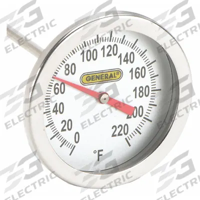 GENERAL Analog Thermometer: 0°F to 220°F /0°F to 220°F, ±1.5% Accuracy, 8 in Stem Lg - Back-Mount Fixed-Angle Thread-Mount Dial Thermometers