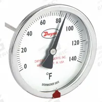 DWYER Clip On Dial Thermometer: 0°F to 140°F, +/- 2% Accuracy, 8 in Stem Lg, Fahrenheit (MPN CBT1780111). Key specifications — Accuracy: +/- 2%; Brand: DWYER; Temperature Units: Fahrenheit.