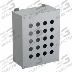 HAMMOND Push Button Enclosure: 30mm, 20 Holes, Carbon Steel, NEMA 12 (MPN 1489P20). Key specifications — attr211299: HAMMOND; attr1043605: Indoor Dust & Water Droplets.