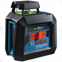 BOSCH Cross-Line Laser: 2 Lines and 0 Dots, Green Beam, 0 Planes, 100 - 200 ft Range w/o detector (MPN GLL50-40G). Key specifications — attr935979: AA; attr934757: BOSCH; attr936112: ±3/16 in @ 30 ft; attr936114: Electronic Self-Leveling; attr935981: Case.