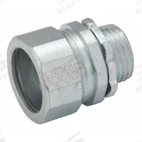 Compression Connector for RMC/IMC Conduit: Iron/Steel, 1/2 in Trade Size, 1 3/8 in Overall Lg (MPN 1802). Key specifications — Trade Size: 1/2 in; Overall Length: 1-3/8 in; Finish: Galvanized; For Use With: Boxes; Thread Size: 1/2"-14; Thread Type: NPS; Thread Gender: Female to Male; Insulated: No.