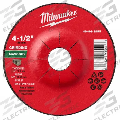 MILWAUKEE Grinding Wheel: Type 27, 4 1/2" x 1/4" x 7/8", Silicon Carbide - Grinding Wheels for Concrete & Masonry