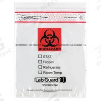 Specimen Transfer Bag: LDPE, Biohazard, 1.75 mil Thick, Clear, 10 in Overall Ht, 4915, 1,000 PK. Key specifications — Brand: MEDEGEN MEDICAL PRODUCTS; Closure Type: Zipper; Product Type: Dual Pouch Specimen Bag; Manufacturer Part Number: 4915; Color: Clear; Display Sell UOM: PK; Legend: Biohazard.