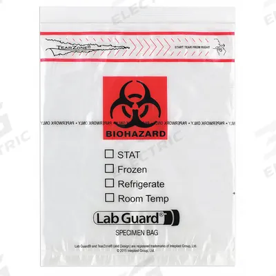 MEDEGEN MEDICAL PRODUCTS Specimen Transfer Bag: LDPE, Biohazard, 1.75 mil Thick, Clear, 10 in Overall Ht - Dual Pouch Specimen Transfer Bags