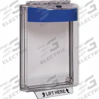 SAFETY TECHNOLOGY INTERNATIONAL Universal Stopper Cover: Polycarbonate, 2 11/16 in Overall Dp (MPN STI-13010NB). Key specifications — Manufacturer Part Number: STI-13010NB; Brand: SAFETY TECHNOLOGY INTERNATIONAL; Color: Blue; For Location: Outdoor; For Use With: Duplex Plugs; IP Rating: IP56; Includes: Mounting Hardware; Legend: LIFT HERE.