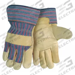 MCR SAFETY Leather Gloves: L ( 9 ), Double Palm, Cowhide, Std, Glove, Full Finger, Safety Cuff, 6 PK (MPN 1931L). Key specifications — Brand: MCR SAFETY; Glove Back Color: Blue/Red; Glove Back Material: Cotton Canvas; Glove Liner Material: Cotton Fleece; Oil Resistant: No; Reflective Backing: No; Includes Double Palm: Yes; Palm Color: Beige.