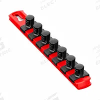 ERNST MANUFACTURING Socket Organizer Rail: Red, 1 1/8 in Overall Wd, 7 Posts/Slots, Plastic, Sockets (MPN 8412M). Key specifications — attr1125333: I.D. Stickers; attr1125348: Plastic; attr1125346: ERNST MANUFACTURING; attr1125347: Red; attr1136588: Sockets; attr1125364: Socket Rail.