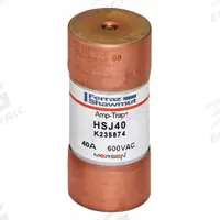 MERSEN Fuse: HSJ Series, Class J, Cylindrical Body, Very-Fast-Acting, 40 A, 600 V AC, 500 V DC (MPN HSJ40). Key specifications — Series: HSJ; Brand: MERSEN.