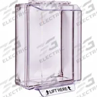 SAFETY TECHNOLOGY INTERNATIONAL Universal Stopper Cover: Polycarbonate, 3 5/16 in Overall Dp (MPN STI-14200NC). Key specifications — Manufacturer Part Number: STI-14200NC; Brand: SAFETY TECHNOLOGY INTERNATIONAL; Color: Clear; For Location: Indoor; For Use With: Pull Stations; IP Rating: IP56; Includes: Mounting Hardware; Legend: LIFT HERE.