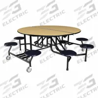 PALMER HAMILTON Cafeteria Table: Fusion Maple, Stool Seat, 29 in Overall Ht, 79 in Overall Lg, Navy (MPN 59T122960RD-S8-FBN). Key specifications — Tabletop Structural Material: Industrial Grade High Pressure Laminate with Particleboard Core; Tabletop Surface Material: Laminate.
