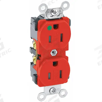LEVITON Receptacle: Hospital Grade Fed. Spec., Duplex, 5-15R, Red, 125V AC, 15 A - General Purpose Receptacles
