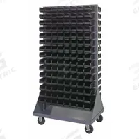 QUANTUM STORAGE SYSTEMS Mobile Louvered Floor Rack: 36 in x 24 in x 72 in, 240 Bins Included, Black (MPN QMD-36H-220BK). Key specifications — Bin Width: 4-1/8 in; Color: Gray; Caster Wheel/Configuration: (2) Swivel; Caster Wheel/Tread Material: Hard Rubber; Bin Color: Black; Bin Depth: 7-3/8 in; Bin Height: 3 in; Brand: QUANTUM STORAGE SYSTEMS.