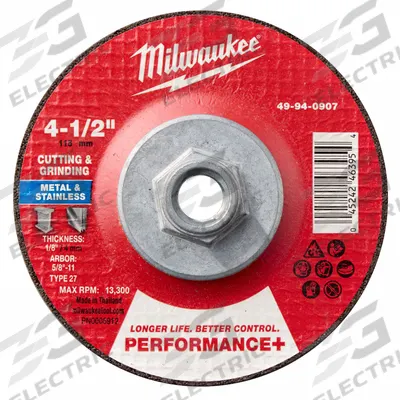MILWAUKEE Cut-Off & Grinding Wheel: Type 27, 4 1/2" x 1/8" x 5/8"-11, Zirconia Alumina - High-Performance Combination Wheels for Carbon & Stainless Steel