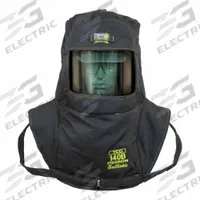 OBERON Arc Flash Hood: 4 PPE CAT, 140 cal/sq cm ATPV, Aramid ( 18 oz/sq yd ), Ventilated, Black (MPN TCG140B-C+HVS). Key specifications — Size: Universal; Garment Material: Aramid; Includes: Hard Cap; Ventilation System; Brand: OBERON; Hood Window Type: Face Shield Fitted; Ventilated: Yes; Ventilation Type: Hood Ventilation System.