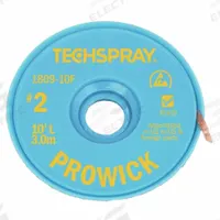 TECHSPRAY Desoldering Braid: Rosin Flux, # 2, 0.055 in, 10 ft, Yellow, ESD-Safe (MPN 1809-10F). Key specifications — Color: Yellow; Brand: TECHSPRAY; Manufacturer Part Number: 1809-10F.