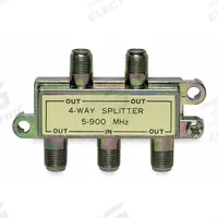 POWER FIRST Cable Splitter: (1) F-Type Female x (4) F-Type Female Splitter, Max. 900 MHz, Gold (MPN 5LR27). Key specifications — Product Type: Audio/Video Splitter; Manufacturer Part Number: 5LR27; Color: Gold; Brand: POWER FIRST; End 1 Connection Type: F-Type Female; End 2 Connection Type: F-Type Female.