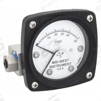 MIDWEST INSTRUMENT Differential Pressure Gauge: Back, 1/4 in NPT Female, ±3-2-3% Gauge Accuracy, 120 (MPN 120-AA-00-OO-50P). Key specifications — Sensor Type: Piston; Series: 120; Housing Material: Aluminum; Certificate of Calibration: Not Included; Gauge Accuracy: ±3-2-3%.