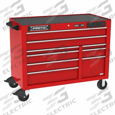 PROTO Rolling Tool Cabinet: Red / Red Drawer, 50 in W x 25 1/4 in D x 41 in H - Electric-Enabled Heavy-Duty Rolling Tool Cabinets