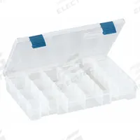 PLANO MOLDING Compartment Box: 11 in x 7 1/4 in x 1 3/4 in, Clear, 21 Compartments, 15 Adj Dividers (MPN 2-3600-01). Key specifications — ESD Conductive: Not Electrostatic Discharge Conductive; Color: Clear; Brand: PLANO MOLDING; Material: Plastic.
